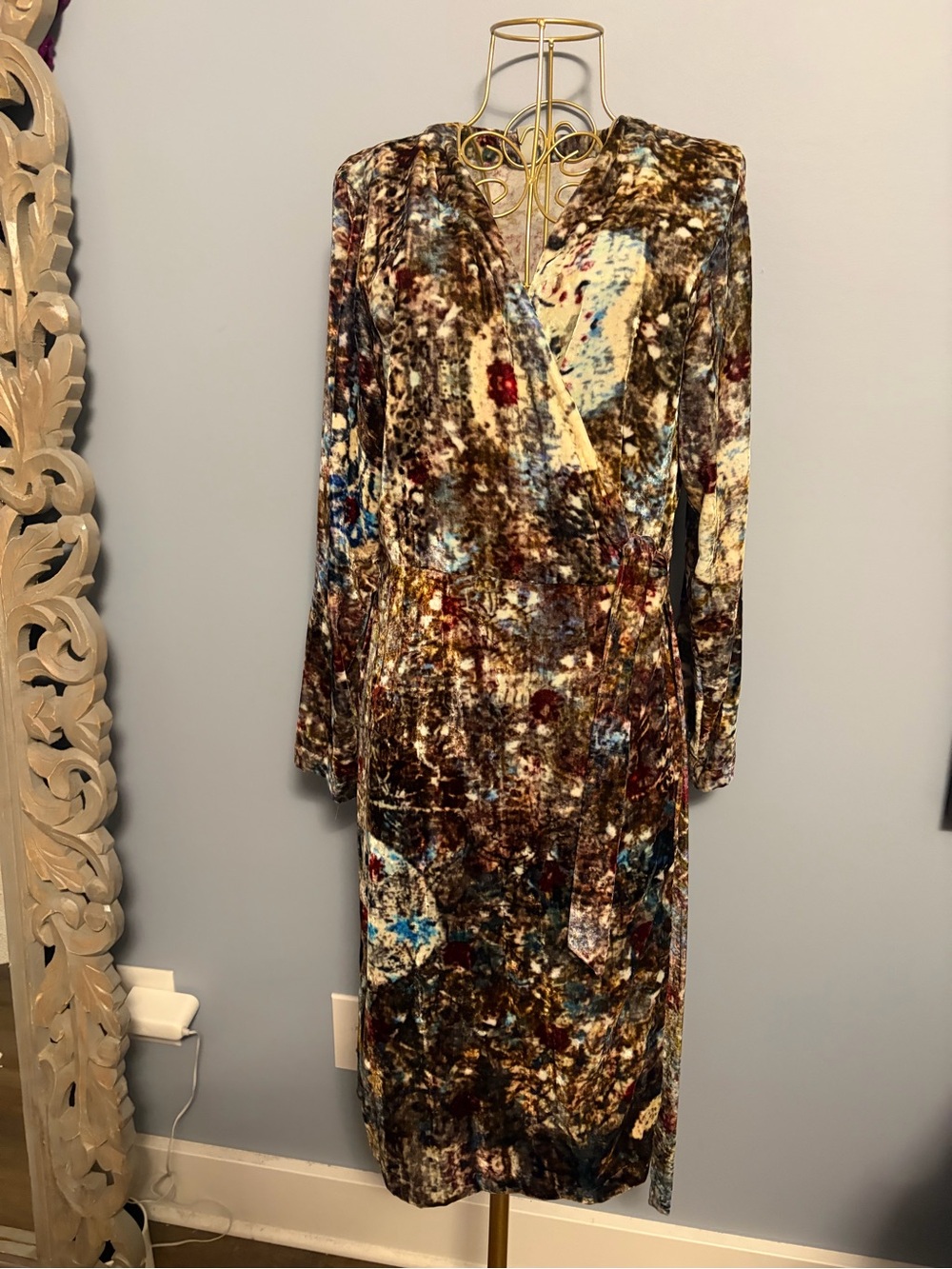 Velvet Wrap Midi Dress in Multi-Color